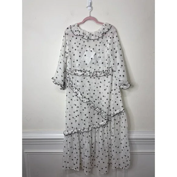 GANNI Ruffled Chiffon Midi Dress White Polka Dot 40/US 10 Half Sleeve V-Neck